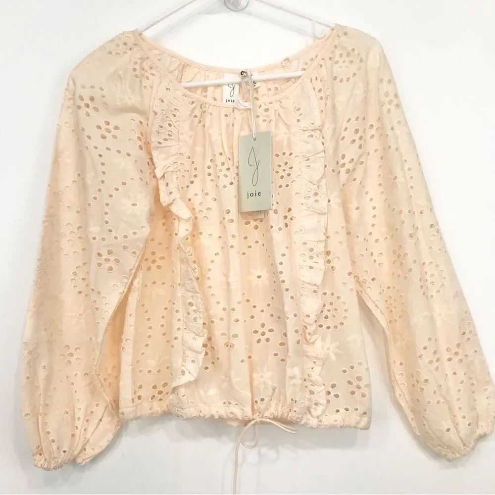 JOIE Cream Eyelet Lace Ruffle Long Sleeve Blouse NEW With Tags